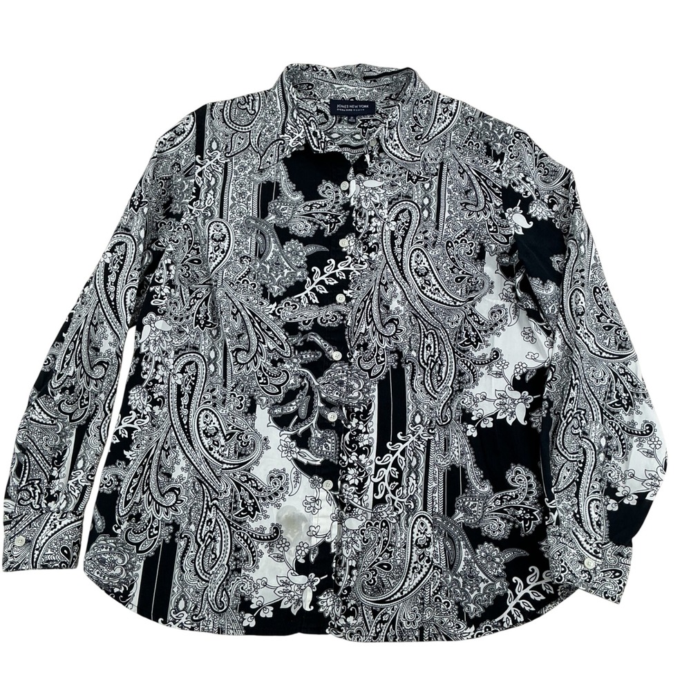 Jones New York Signature Button Down Shirt Women 2X Black White Paisley Cotton